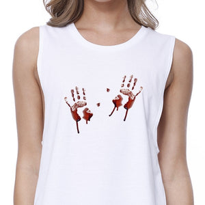 Bloody Handprints Womens White Crop Top