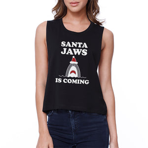 Santa Jaws Is Coming Womens Black Crop Top