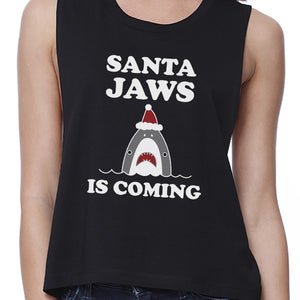 Santa Jaws Is Coming Womens Black Crop Top