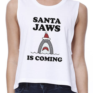 Santa Jaws Is Coming Womens White Crop Top