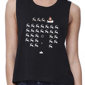 Pixel Game Santa And Rudolph Womens Black Crop Top