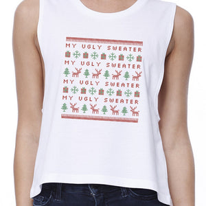 My Ugly Sweater Pattern Womens White Crop Top