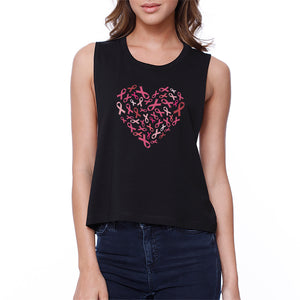 Pink Ribbon Heart Womens Black Crop Top