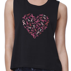 Pink Ribbon Heart Womens Black Crop Top