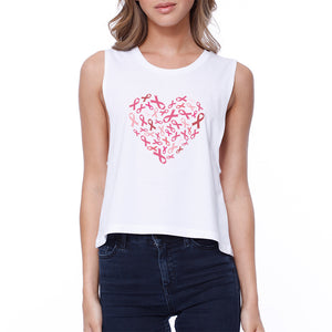 Pink Ribbon Heart Womens White Crop Top