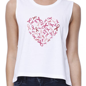 Pink Ribbon Heart Womens White Crop Top