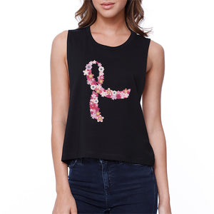 Pink Floral Ribbon Womens Black Crop Top