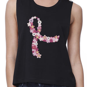 Pink Floral Ribbon Womens Black Crop Top