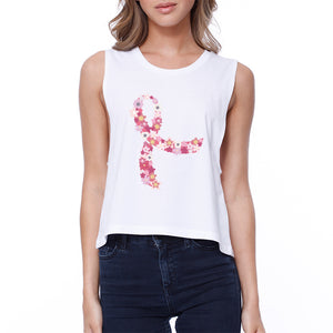 Pink Floral Ribbon Womens White Crop Top