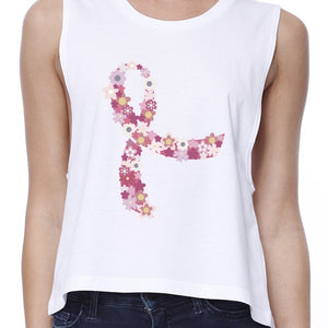 Pink Floral Ribbon Womens White Crop Top