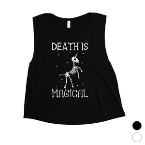 Death is Megical Unicorn Skeleton Funny Halloween Womens Crop Top