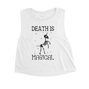 Death is Megical Unicorn Skeleton Funny Halloween Womens Crop Top