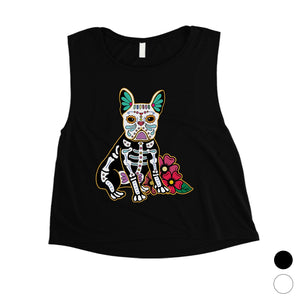 Frenchie Day Of Dead Funny Halloween Costume Cute Womens Crop Top