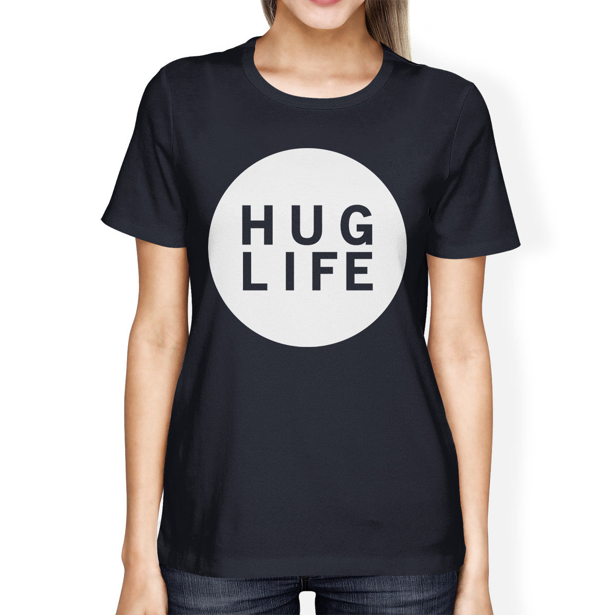 Hug Life Women's Navy T-shirt Life Quote Short Sleeve Graphic Shirt - 365INLOVE