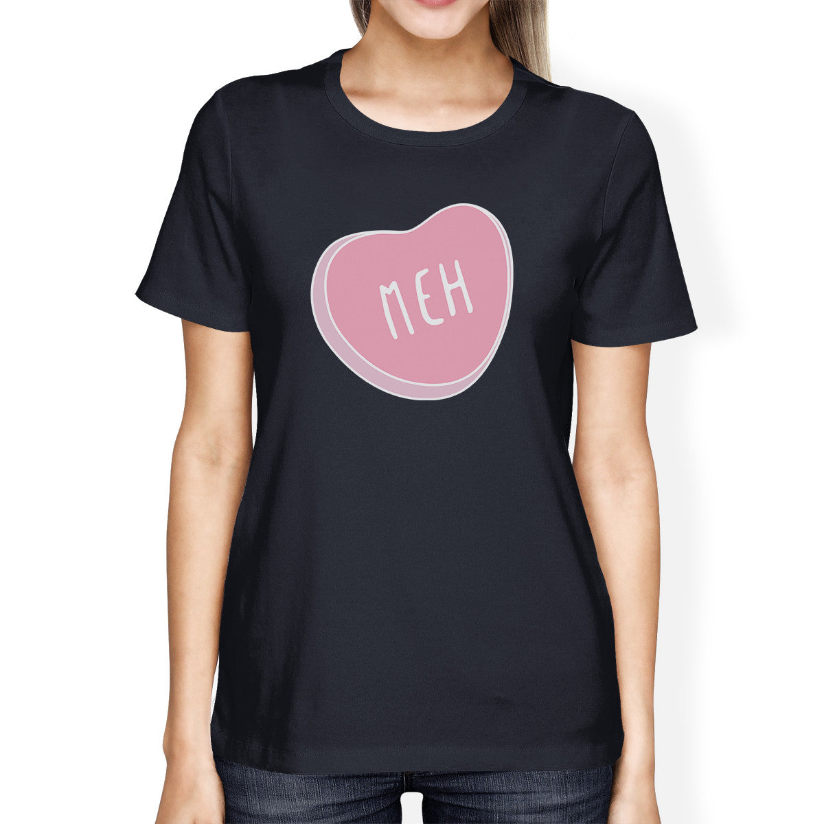 Meh Women's Navy T-shirt Trendy Graphic Shirt Cute Heart Shaped Tee - 365INLOVE