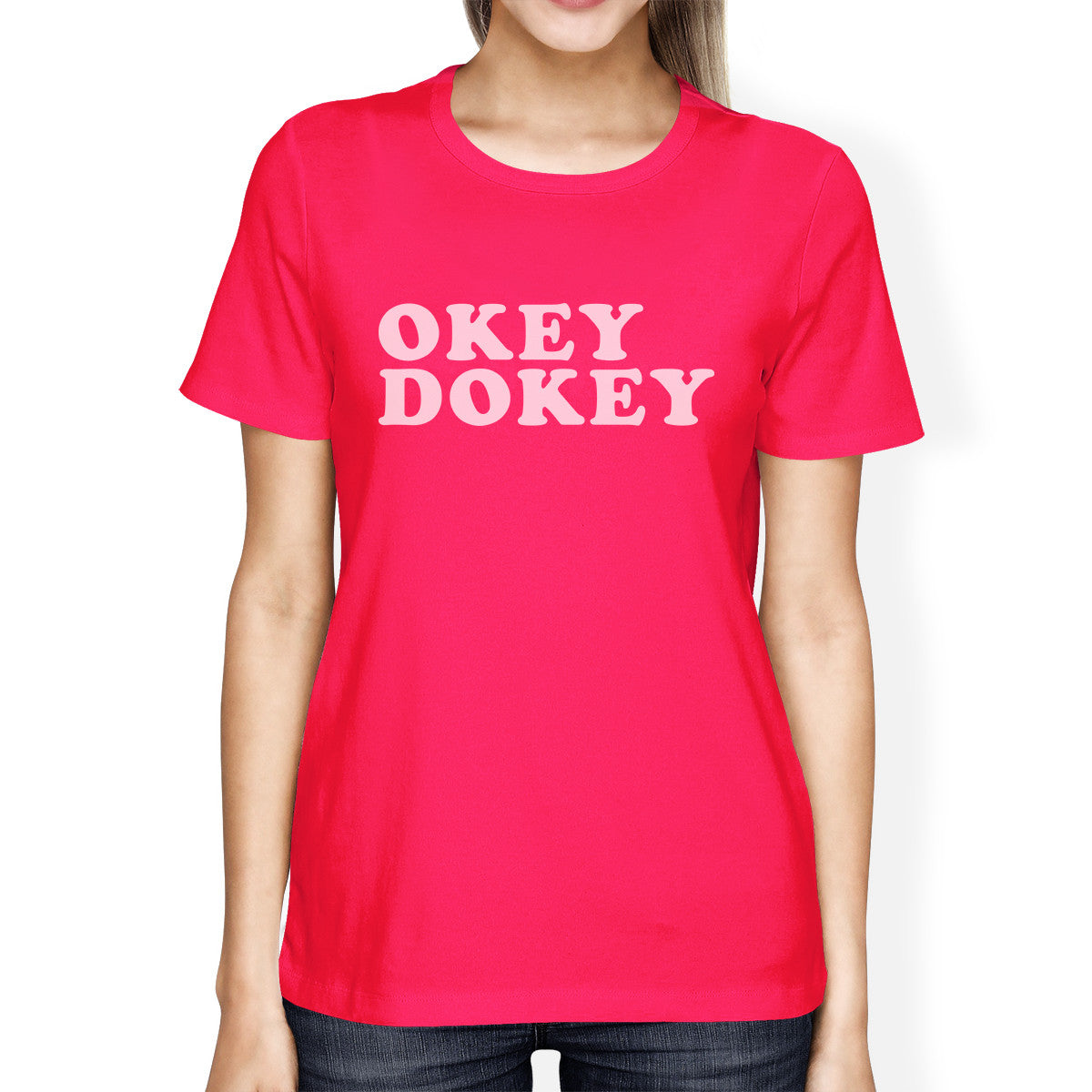 Okey Dokey Womens Hot Pink Cotton Roundneck Unique Design T Shirt - 365INLOVE