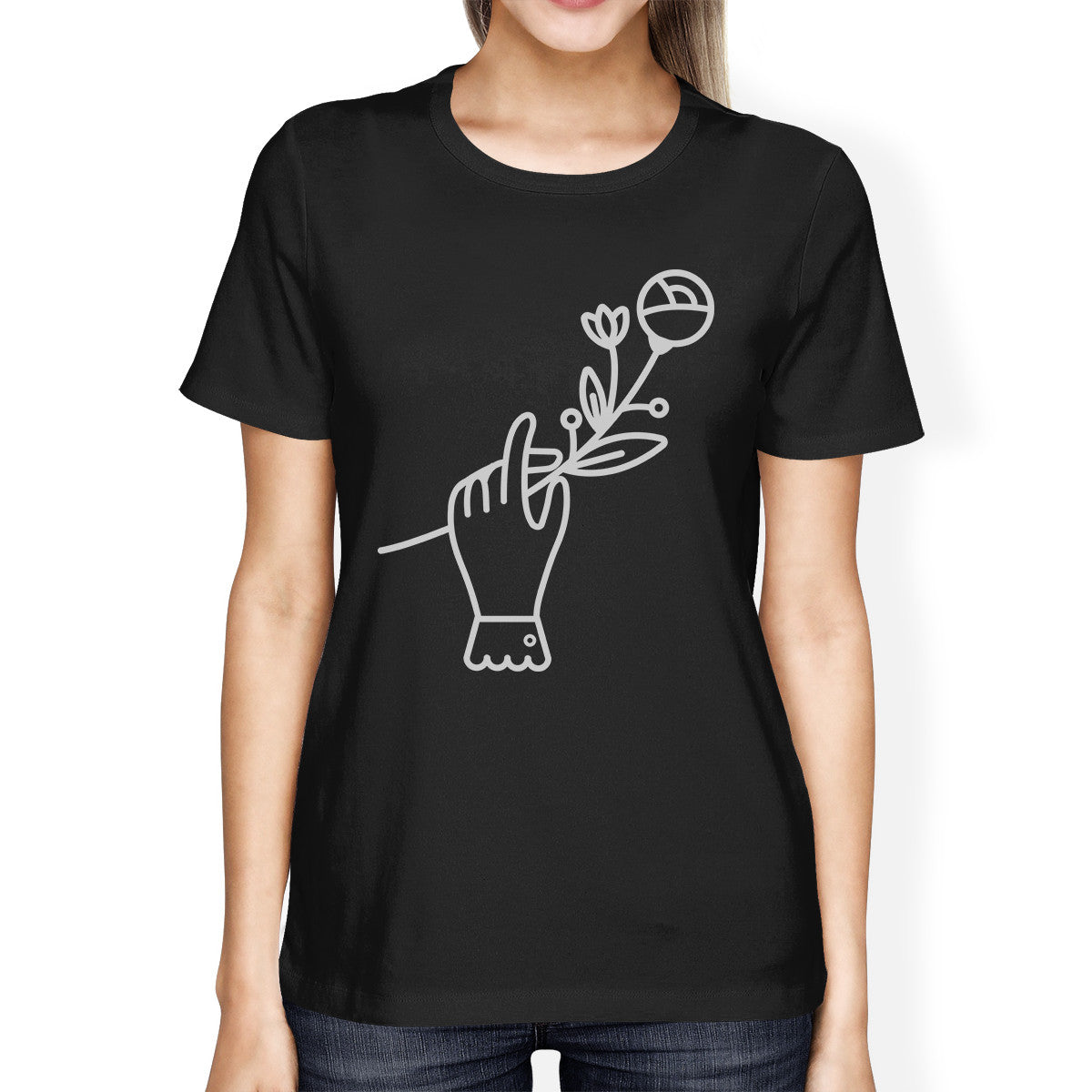 Hand Holding Flower Black Cute Graphic Tee For Women Round Neck - 365INLOVE