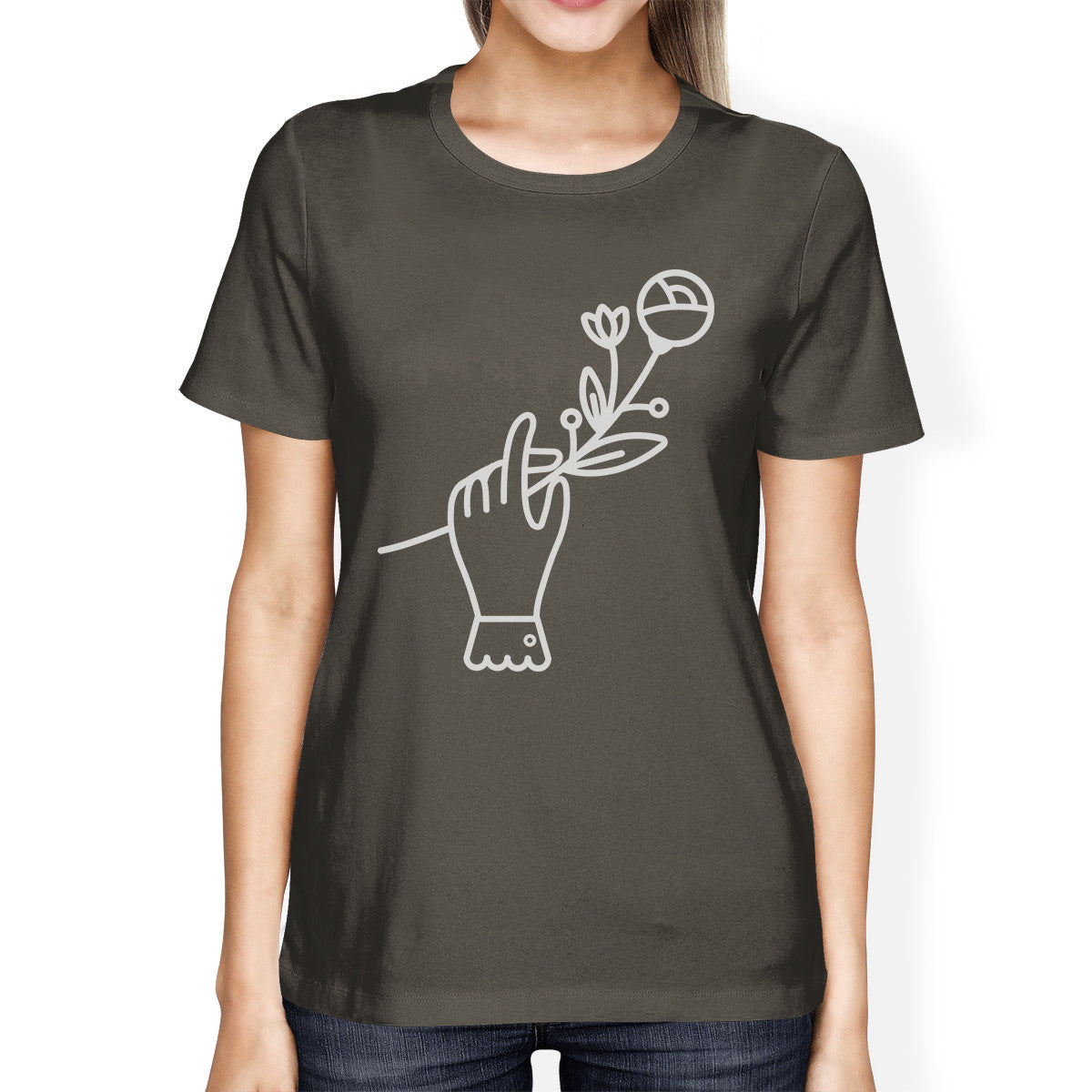 Hand Holding Flower Dark Grey Cute Graphic T Shirt For Women Gifts - 365INLOVE