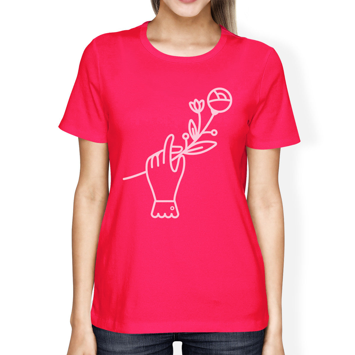 Hand Holding Flower Hot Pink Womens Summer Top Unique Design Shirt - 365INLOVE