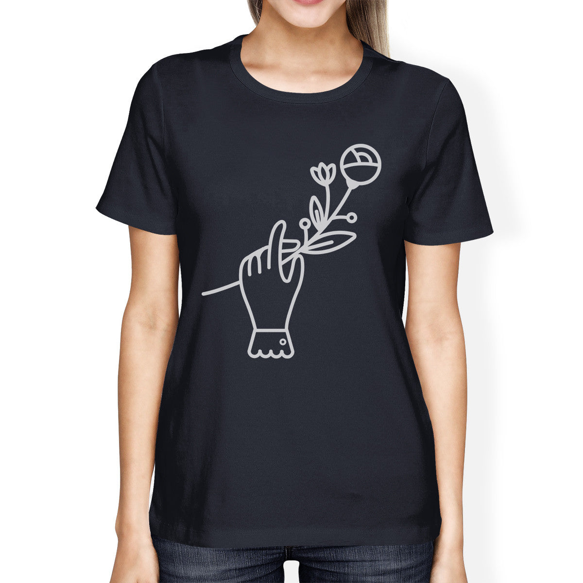 Hand Holding Flower Navy Cute Round Neck Tee Gift Ideas for Moms - 365INLOVE