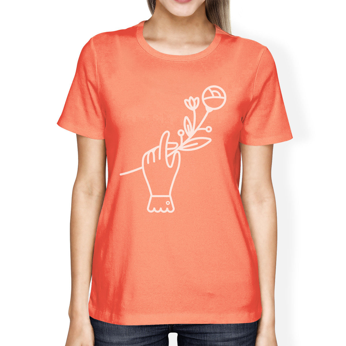 Hand Holding Flower Peach Crewneck Cotton Graphic Shirt For Ladies - 365INLOVE
