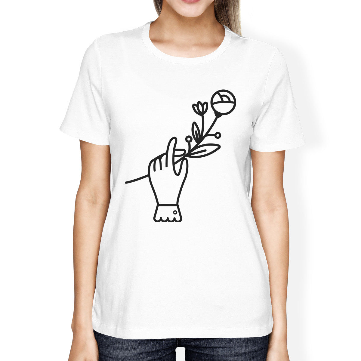 Hand Holding Flower White Womens Graphic Tee Cute Gift Idea For Her - 365INLOVE