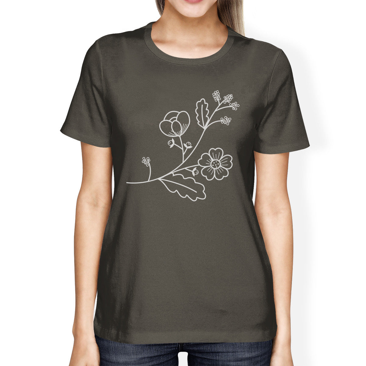 Flower Women's Dark Gray Short Sleeve Tee Round Neck Cute Design - 365INLOVE