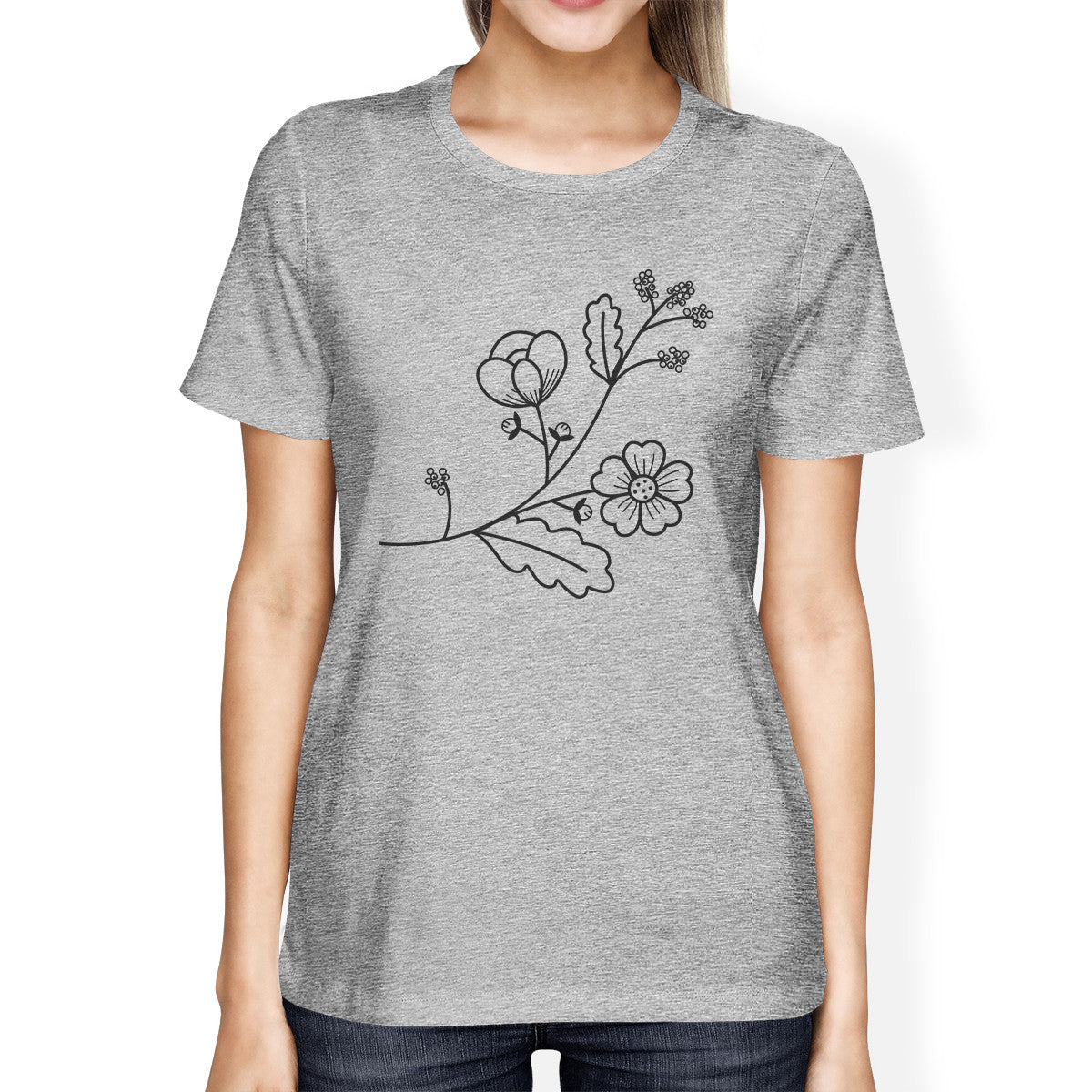 Flower Womens Gray Cotton Crew Neck T Shirt Cute Gift Ideas For Her - 365INLOVE