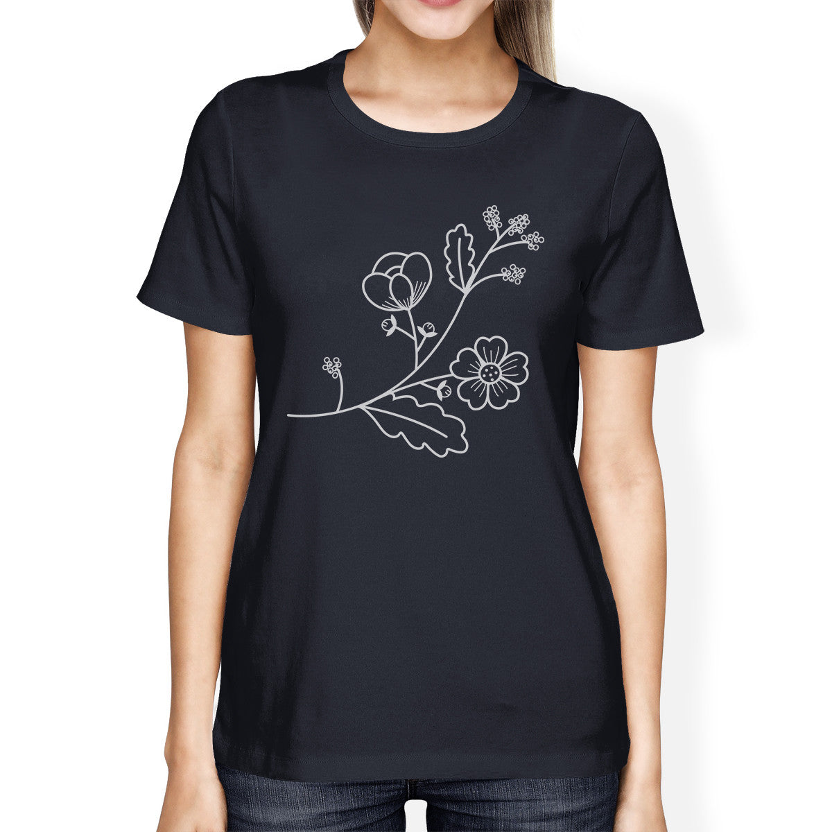 Flower Women's Navy Round Neck T Shirt Lovely Graphic Design Tee - 365INLOVE
