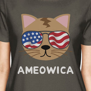 Ameowica Cute Womens Dark Grey Round Neck Tee Unique Design Top - 365INLOVE