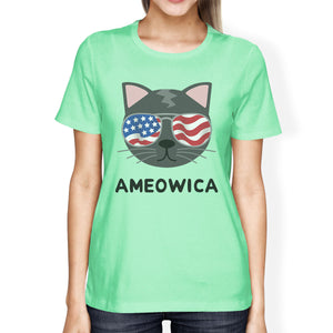 Ameowica Womens Mint Graphic Cotton T-Shirt Cute Cat Lover Tee - 365INLOVE