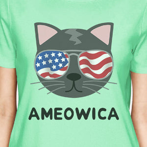 Ameowica Womens Mint Graphic Cotton T-Shirt Cute Cat Lover Tee - 365INLOVE