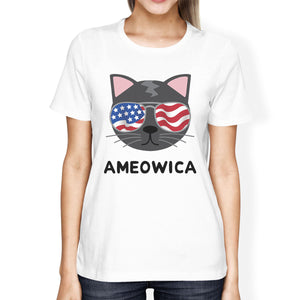 Ameowica Womens White Cat Design Tee Unique Design T-Shirt For Her - 365INLOVE