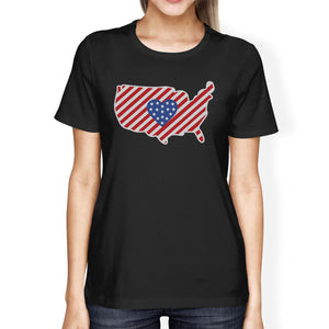 USA Map American Flag Heart Shape Womens Black Graphic Cotton Tee - 365INLOVE