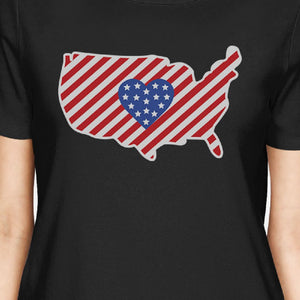 USA Map American Flag Heart Shape Womens Black Graphic Cotton Tee - 365INLOVE