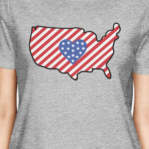 USA Map American Flag Womens Grey Cute 4th Of July Round Neck Tee - 365INLOVE