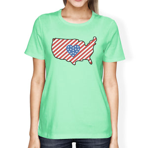 USA Map American Flag Womens Mint Crewneck T-Shirt For 4th Of July - 365INLOVE