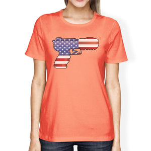 American Flag Pistol Womens Peach T-Shirt 4th Of July Design Tee - 365INLOVE