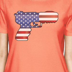 American Flag Pistol Womens Peach T-Shirt 4th Of July Design Tee - 365INLOVE