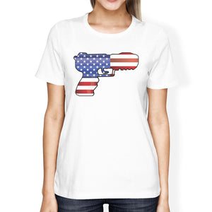 American Flag Pistol Womens White Short Sleeve Tee For 4th Of July - 365INLOVE