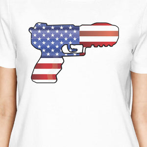 American Flag Pistol Womens White Short Sleeve Tee For 4th Of July - 365INLOVE