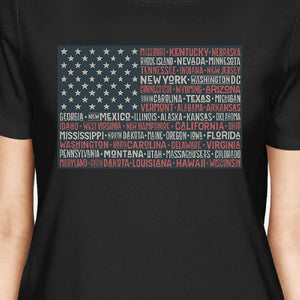 50 States US Flag American Flag Shirt Womens Black Cotton T-Shirt - 365INLOVE