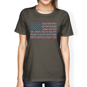 50 States American Flag Shirt Womens Dark Grey Cotton Graphic Tee - 365INLOVE