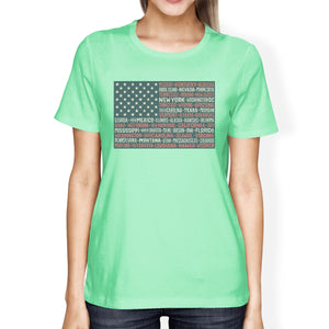 50 States American Flag Shirt Womens Mint Cotton Graphic Tee Shirt - 365INLOVE