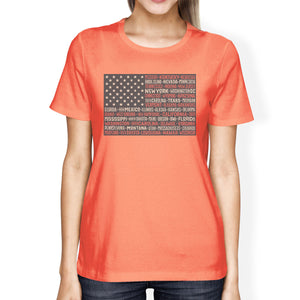 50 States American Flag Shirt Womens Peach Cotton Graphic Tee - 365INLOVE