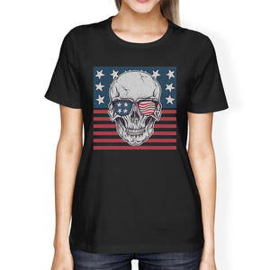 Skull American Flag Shirt Womens Black Round Neck Tee US Army Gift - 365INLOVE