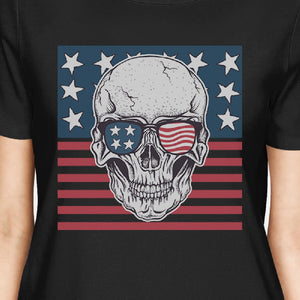 Skull American Flag Shirt Womens Black Round Neck Tee US Army Gift - 365INLOVE