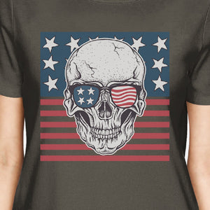 Skull American Flag Tee Womens Dark Gray Round Neck US Army Gifts - 365INLOVE