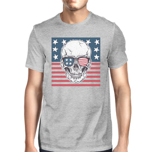 Skull American Flag Shirt Mens Gray Round Neck Tee Gifts For Dad - 365INLOVE