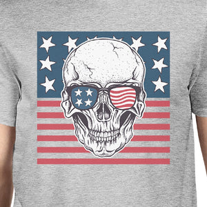 Skull American Flag Shirt Mens Gray Round Neck Tee Gifts For Dad - 365INLOVE